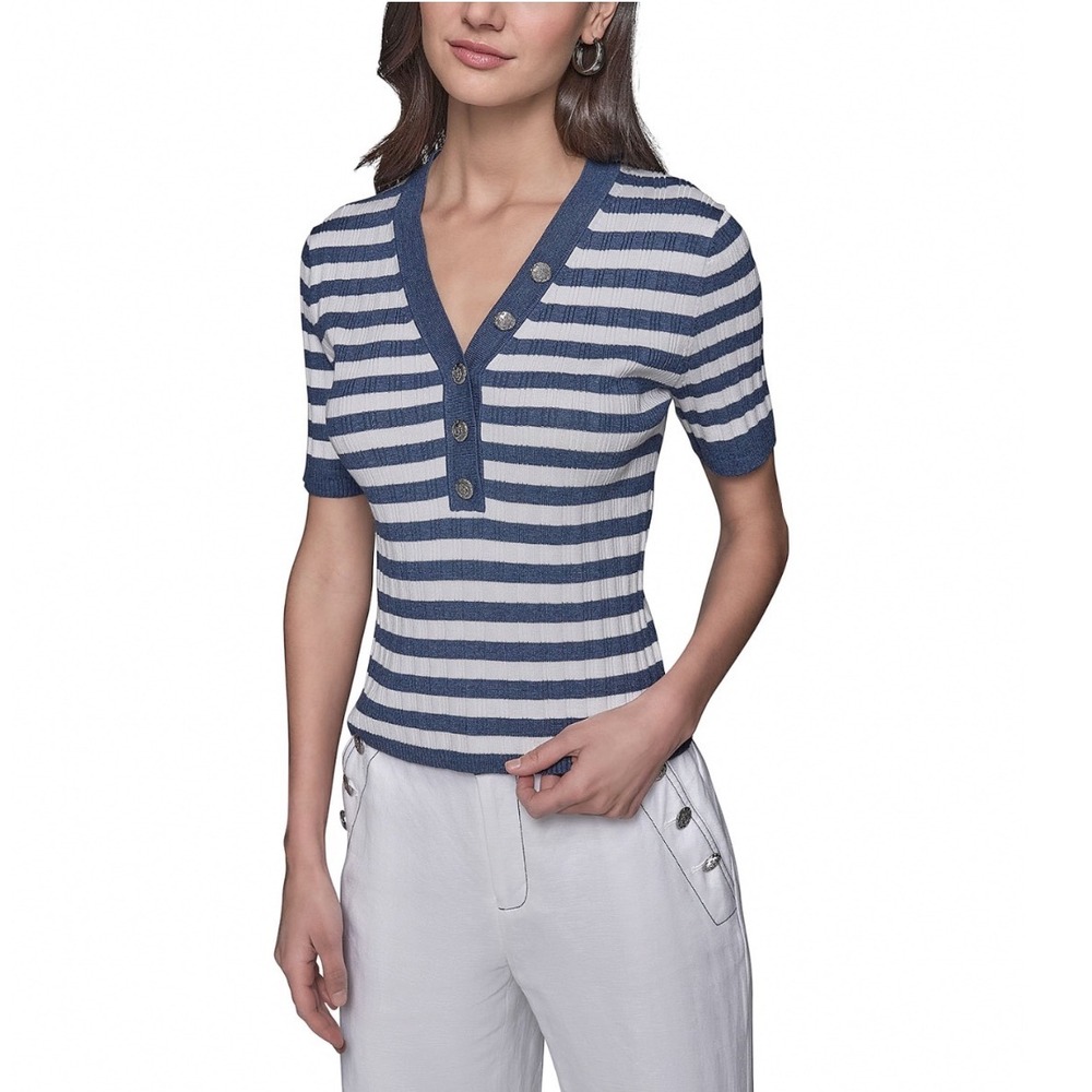 Karl Lagerfeld Paris Striped Short Sleeve V-Neck Button Tee Indigo White Small